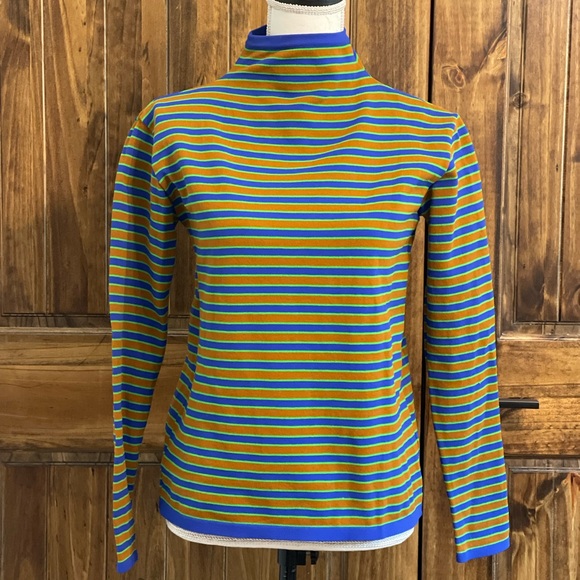 Issey Miyake Blue and Green Striped Long Sleeve 70's Retro Inspired Top Sz M - Picture 1 of 6